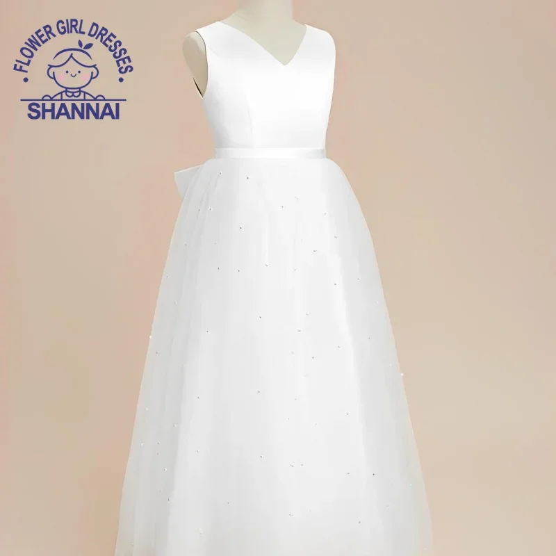 

White Custom Made V-neck Bow Flower Girl Dresses A-LINE First Communion Pageant Bridesmaid Dresses for Aged 1-14