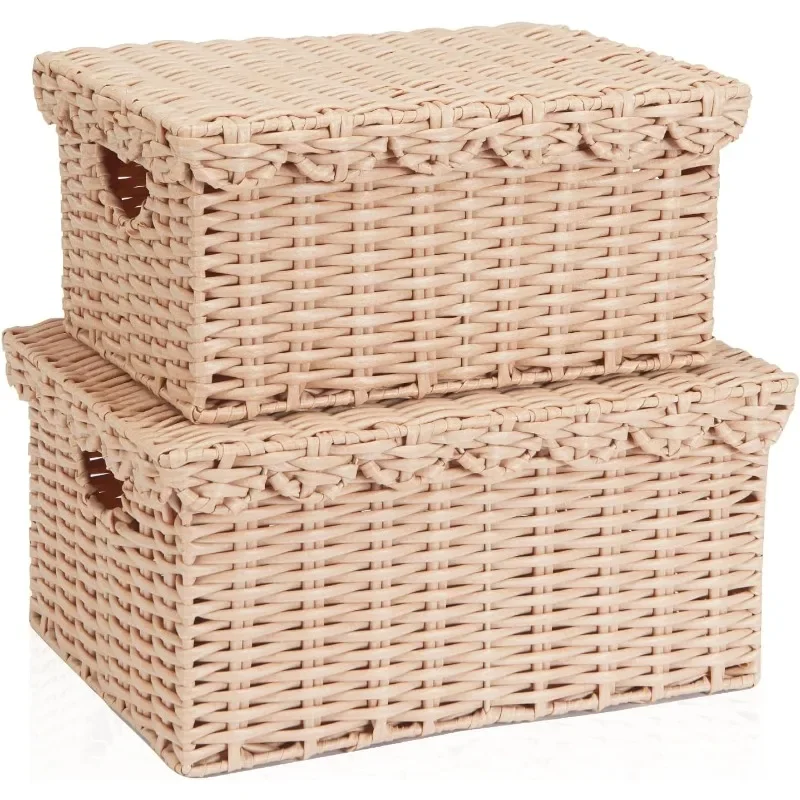 

Scalloped Wicker Basket with Lid, Waterproof Wicker Storage Basket with Removable Tray Lid Cream, Handwoven Plactic