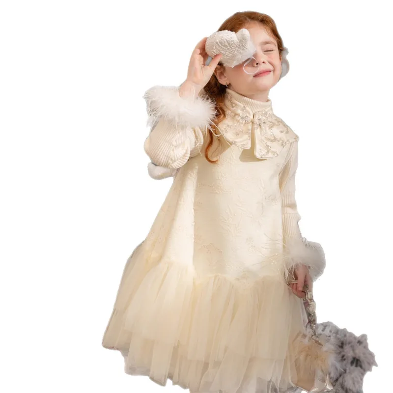 2026 Winter Spring New Year Party Fashion Sweet Fleece Lined Princess Hem Sheer Skirt  Sleeveless Dress 2-12 Year Toddler Outfit view 5