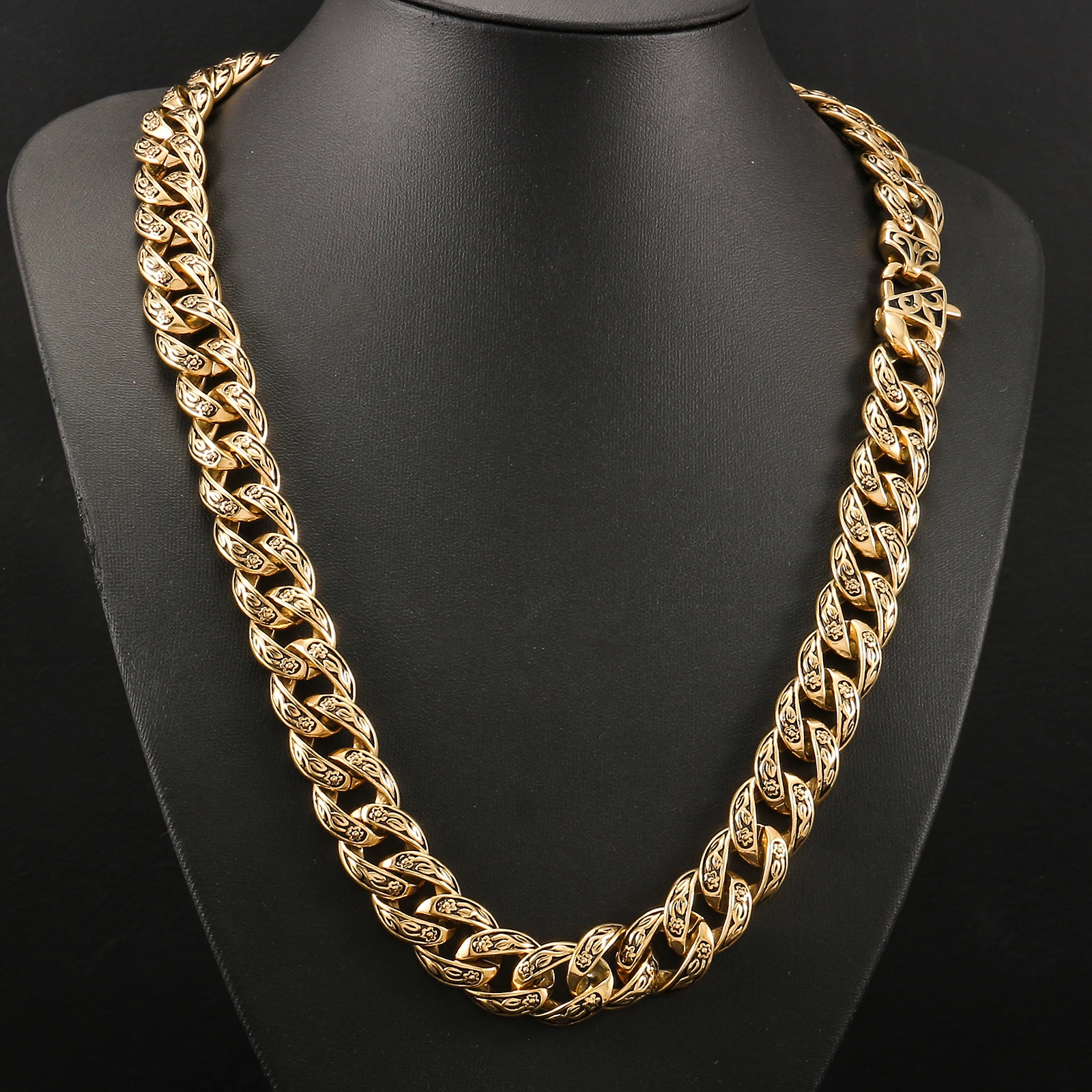 Vintage Flower Pattern Curb Cuban Link Chain for Men Women Retro Stainless Steel Hip Hop Necklace Fashion Bracelet Jewelry Gift