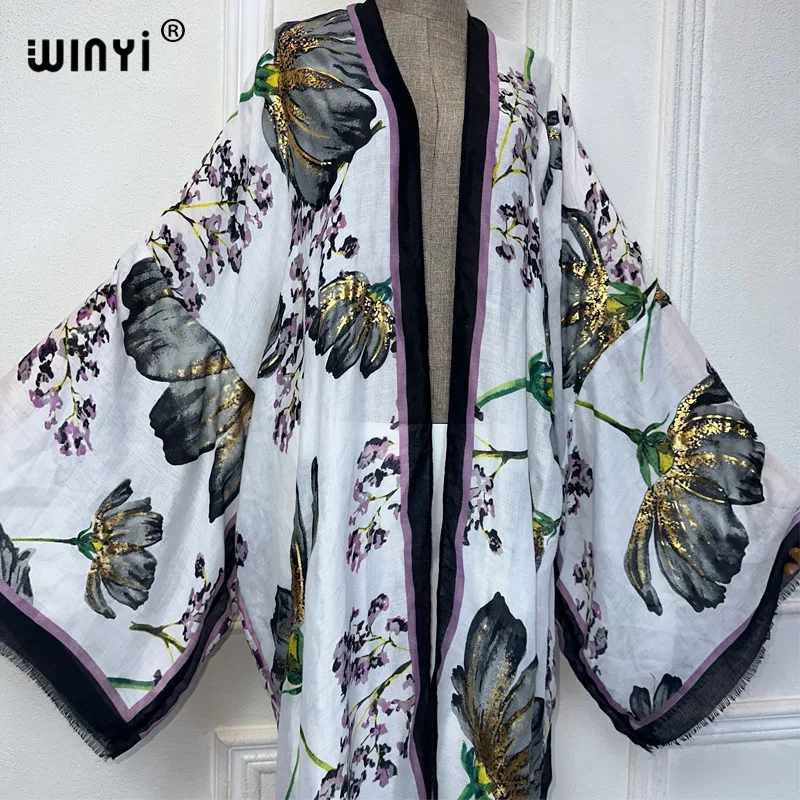 WINYI kimono beach wear women sexy dress beach cover up Cardigan Hot stamping Retro print coat abaya dubai luxury muslim dress