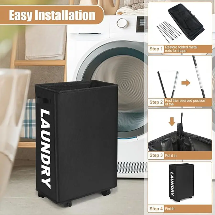 Rolling Slim Laundry Basket Laundry Hamper with Wheels and Handle Foldable Waterproof Clothes Storage Tall Laundry Basket