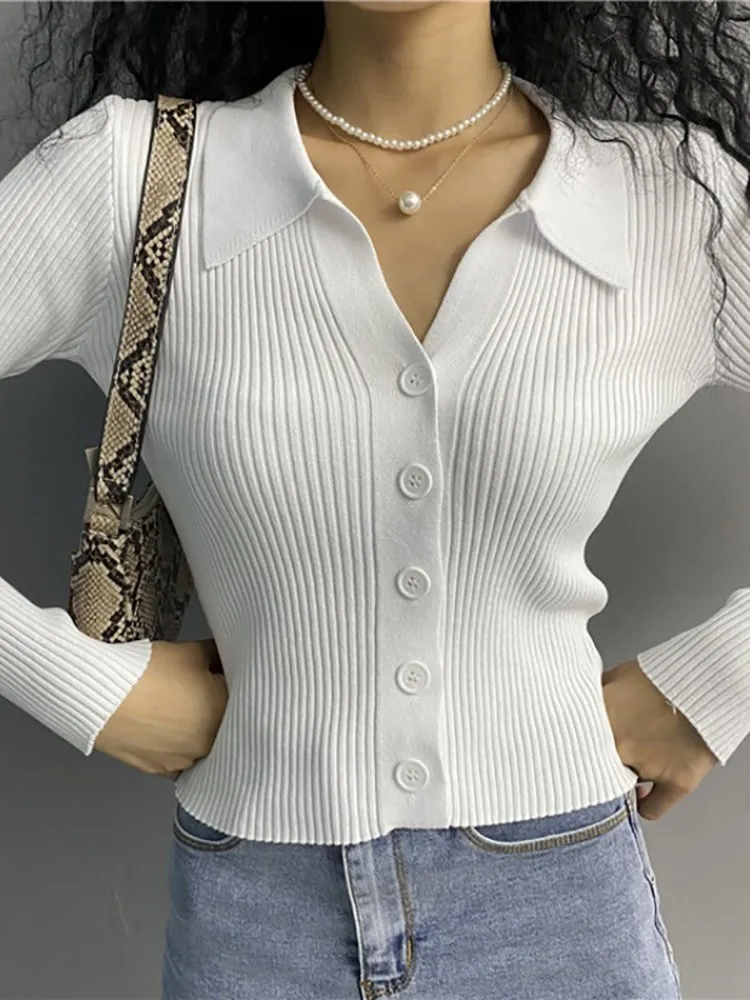 Women Lapel Slim Slimming Tops Ladies Button Up Sexy V Neck Long Sleeve POLO Neck Knit Cardigan Sweater