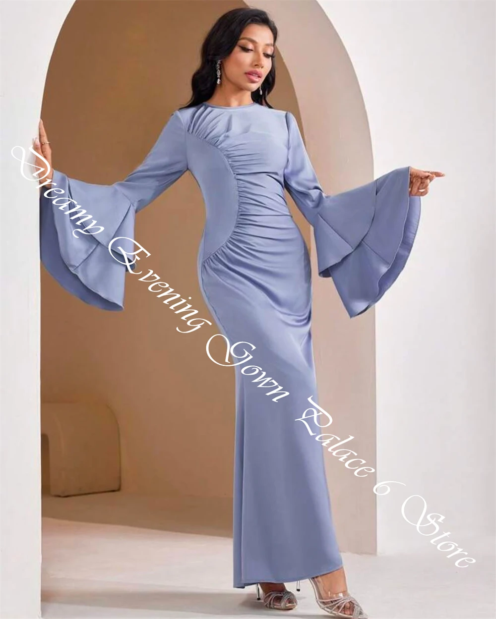 تخصيص رشيقة طاقم الرقبة حورية البحر مساء اللباس مزاجه الأكمام الطويلة الكشكشة فساتين المشاهير الكلاسيكية الساتان Pr #5