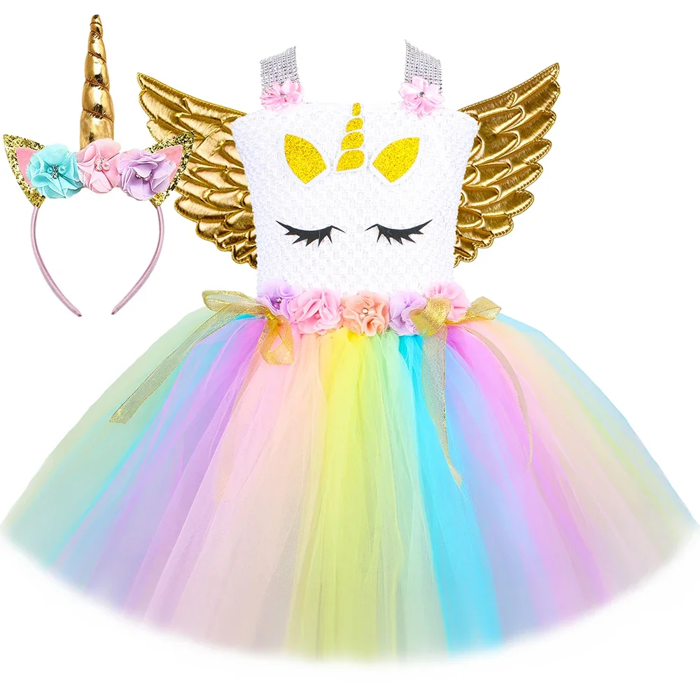 HJTT Princess Unicorn Dress for Girls Pastel Flowe Tulle Tutu Dress Toddler Kids Halloween Birthday Party Unicorn Costume Outfit