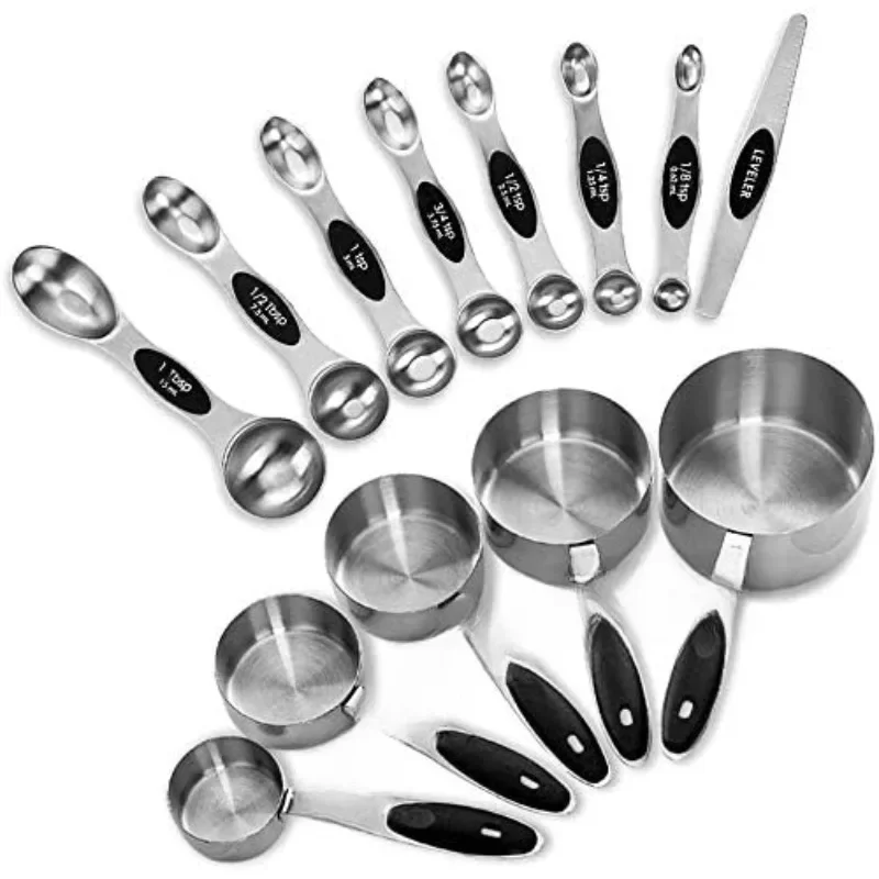 Measuring Cups and Magnetic Measuring Spoons Set, Stainless Steel 5 Cups and 7 Spoons (Black)