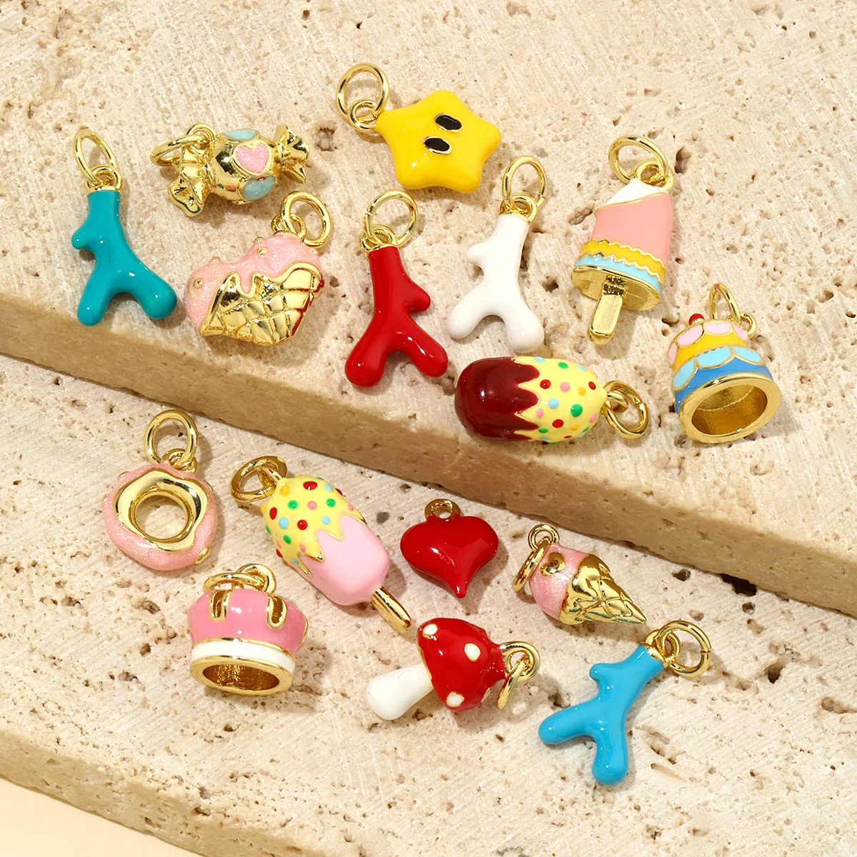 3pcs/Lot 18k Gold Plated Enamel Icecream Popsicle DIY Charms Women Candy Donut Cake Necklace Pendants Heart Mushroom Jewelry