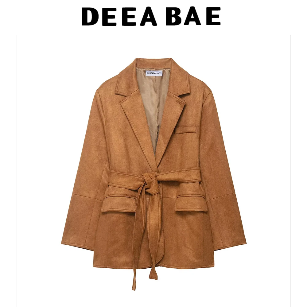 

DEEABAE Autumn women's bow waistband embellished with lapel long sleeved with shoulder pads suede suit jacket