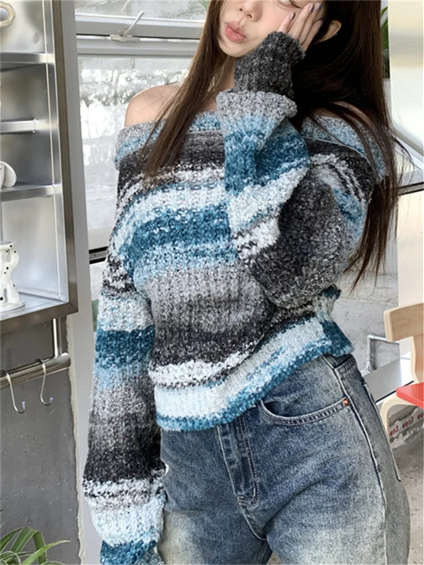 PLAMTEE Gentle Blue Sweaters Women Patchwork Loose Knitted Off Shoulders Casual Slash Neck Autumn Office Lady Pullovers Slim