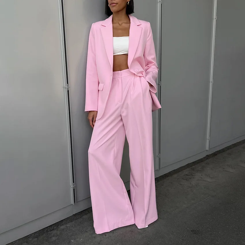 

Повседневный универсальный топ с длинными рукавами, широкие брюки, комплект с длинными брюками, розовый осенний новый женский комплект из двух предметов