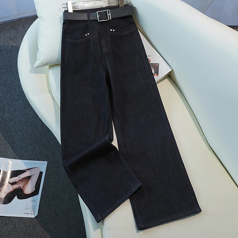 

Spring and Autumn Retro Blue Jeans for Women, Petite Loose High-Waisted Straight Pants