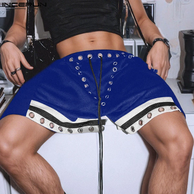 INCERUN เสื้อกันหนาวผู้ชายกางเกงขาสั้นตาข่าย Patchwork Lace Up ดูผ่านฤดูร้อนผู้ชายกางเกง Streetwear หลวม 2025 แฟชั่นสบายๆกางเกงขาสั้นชาย S-5XL