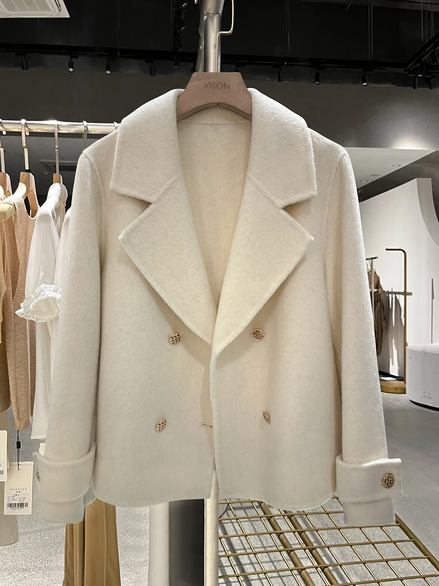 

Двустороннее шерстяное пальто-жакет женское повседневное класса люкс, осенне-зимнее, новое, в бежевом цвете, вязаное, в британском стиле