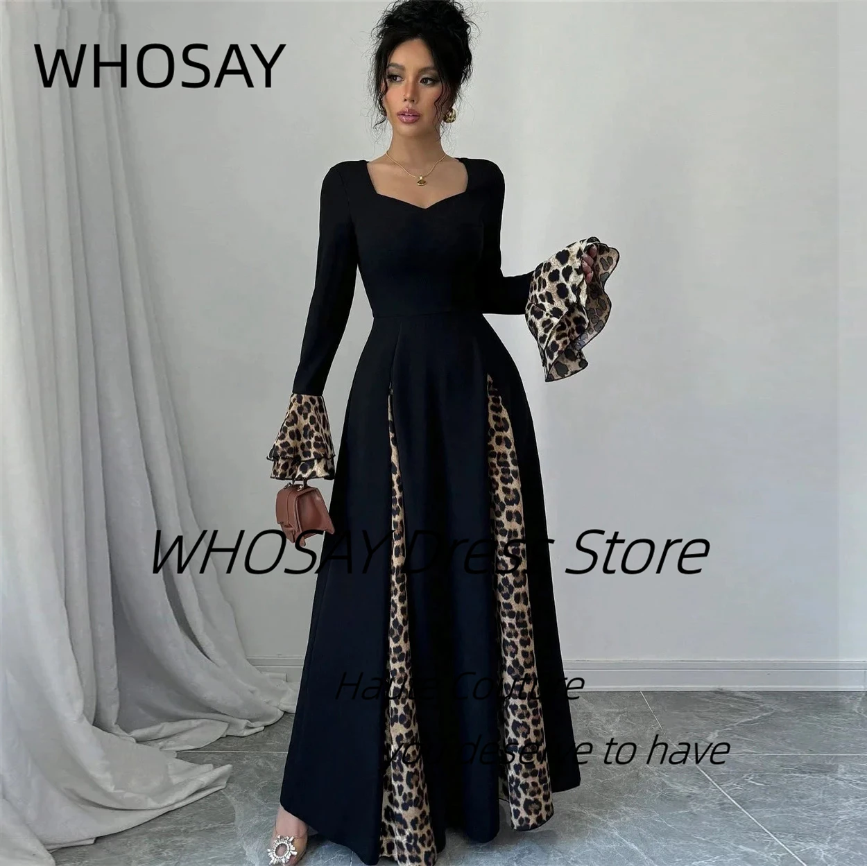 

WHOSAY Prom Dresses Customized Contrast Leopard Print Evening Gowns Long Sleeves платье женское вечернее