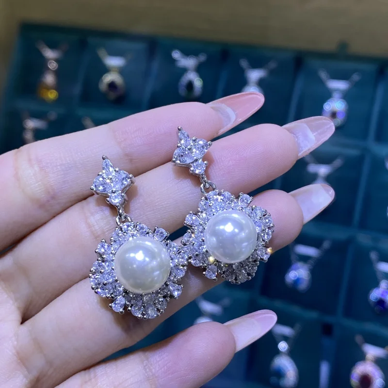 

Natural Shell Comparable to Pearl Flower Full Diamond Open Ring for Women Elegant Noble Pendant Earrings Set