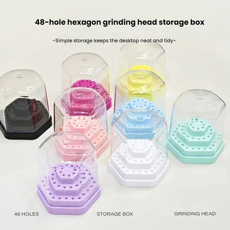 

1PC Hexagonal 48 holes sanding head storage box Professional nail sanding head display rack Plastic lid box nail tools for salon
