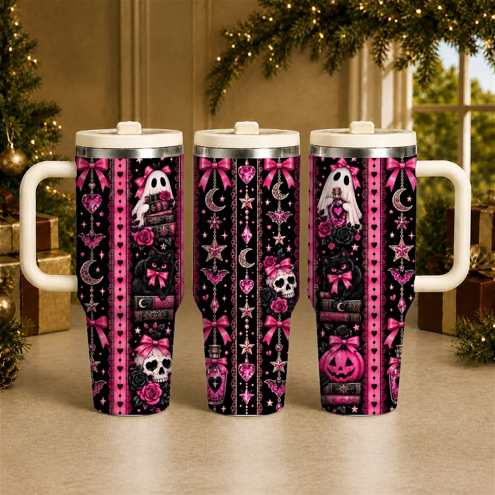 Cute Gothic Spooky Book Vacuum Flasks 40oz Stainless Steel Insulated Tumbler with Handle & Straw Lid, Leakproof Travel Cup