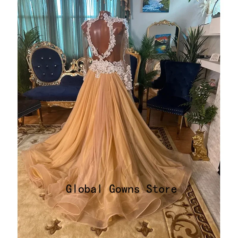 Champagne Long Prom Dresses For Black Girls Long Sleeves Pearls American African Evening Gowns Birthday Party Robe Customized