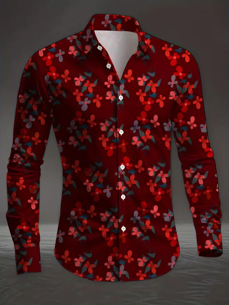 New men's Fashionable Patchwork Yellow Rose Pattern Shirt Long Sleeved Button Up Collar Fitted Long Sleeved Shirt Top