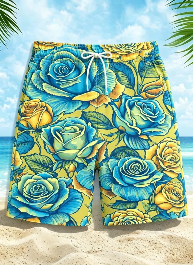 Summer men's floral line printed quick drying beach shorts, loose and comfortable fit, for beach play and summer vacation.