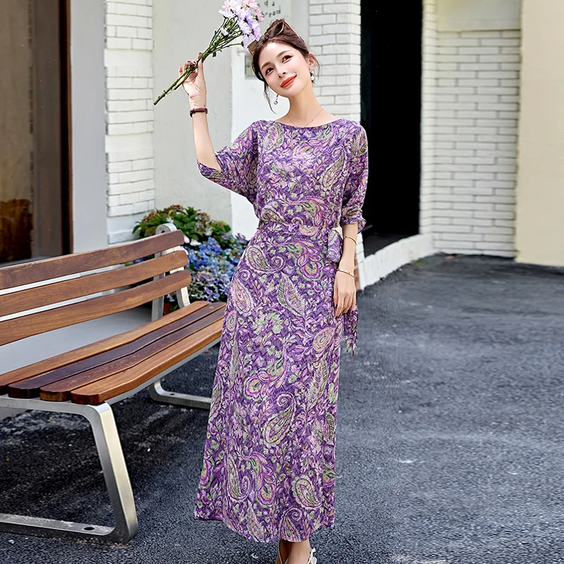 

Летние пляжные платья 2026: фиолетовые платья макси с принтом, элегантные женские платья с круглым вырезом, коротким рукавом, приталенные, с поясом, А-силуэт