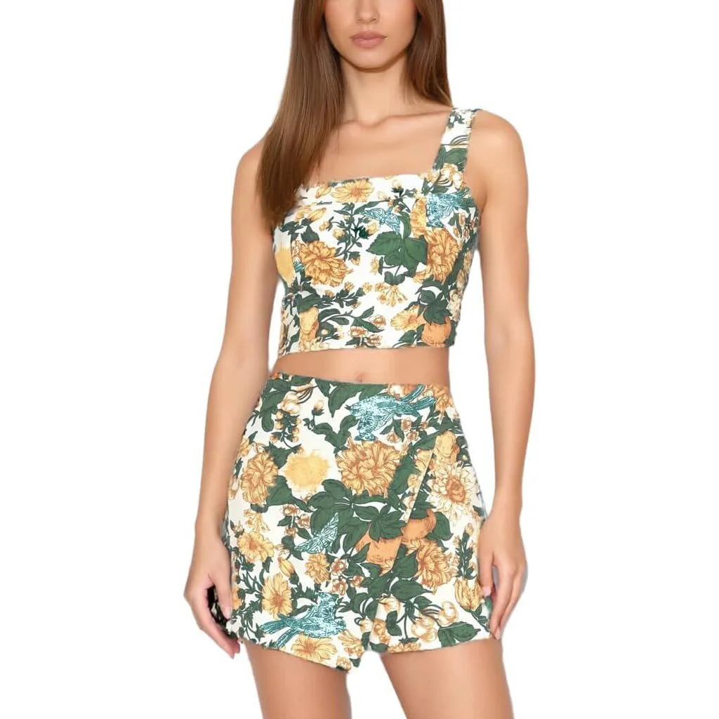 

D9749 European Women's Fashion Print Strappy Tank Top + Asymmetrical Midi Skirt Set