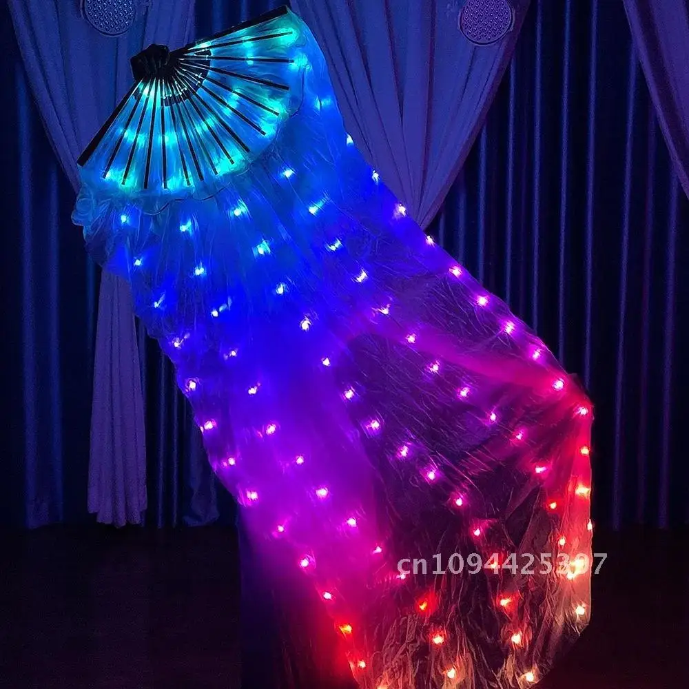 100% Silk Led Light Rainbow Fold Fans Belly Dance Stage Performance Party Cosplay Costume Shows Bar Nightculb Accessorie