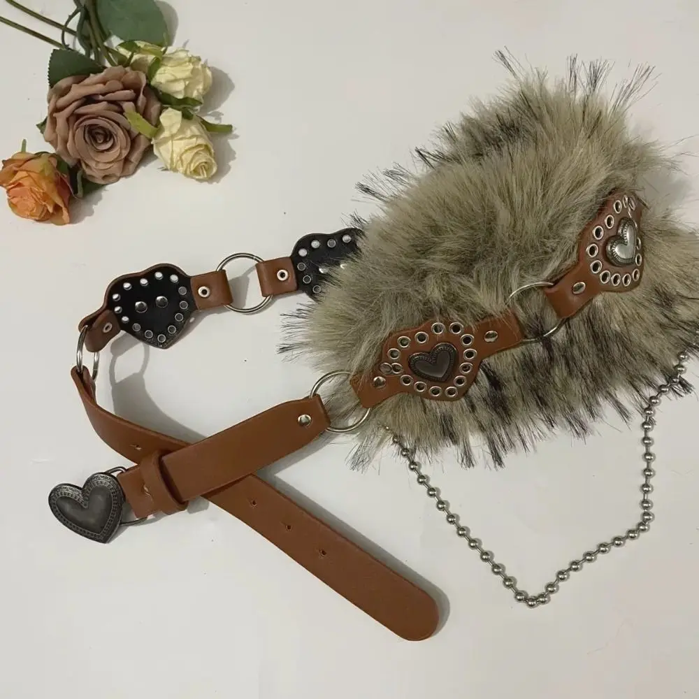 الرجعية المرقعة القلب الجلود الفراء حزام بولي Leather الجلود حار فتاة نمط أفخم حزام الكورية نمط فاسق Y2K حزام الإناث/الفتيات