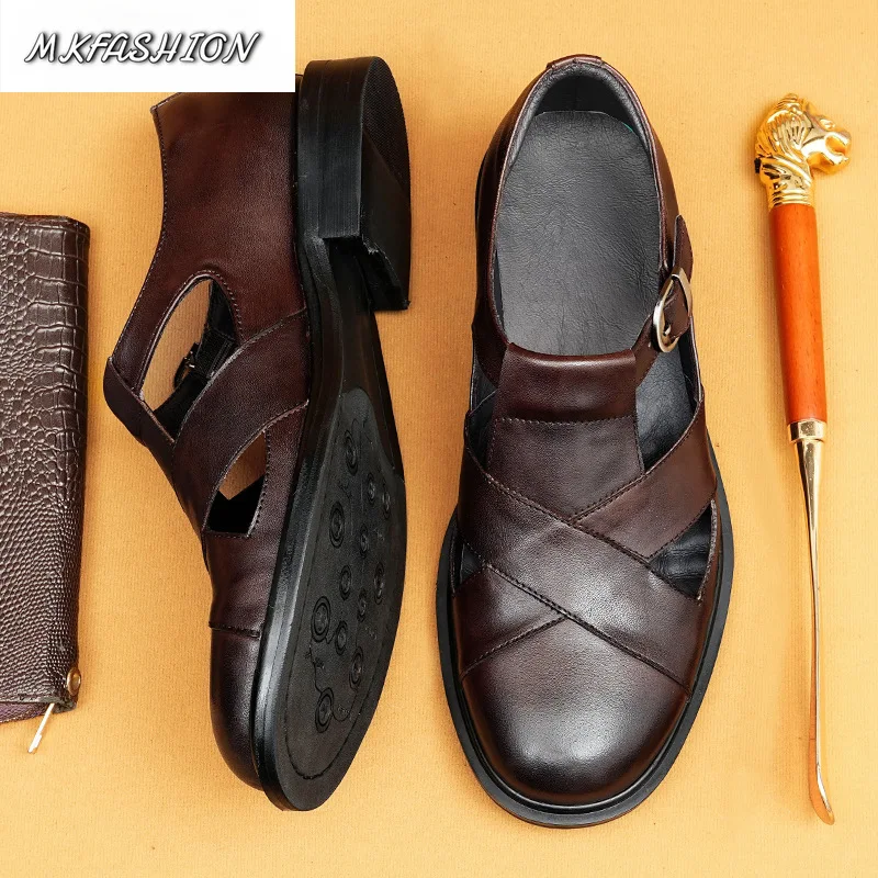 Summer Men Casual Shoes Sandals Genuine Leather Hollow Breathable Buckle Strap Flats Beach Shoes