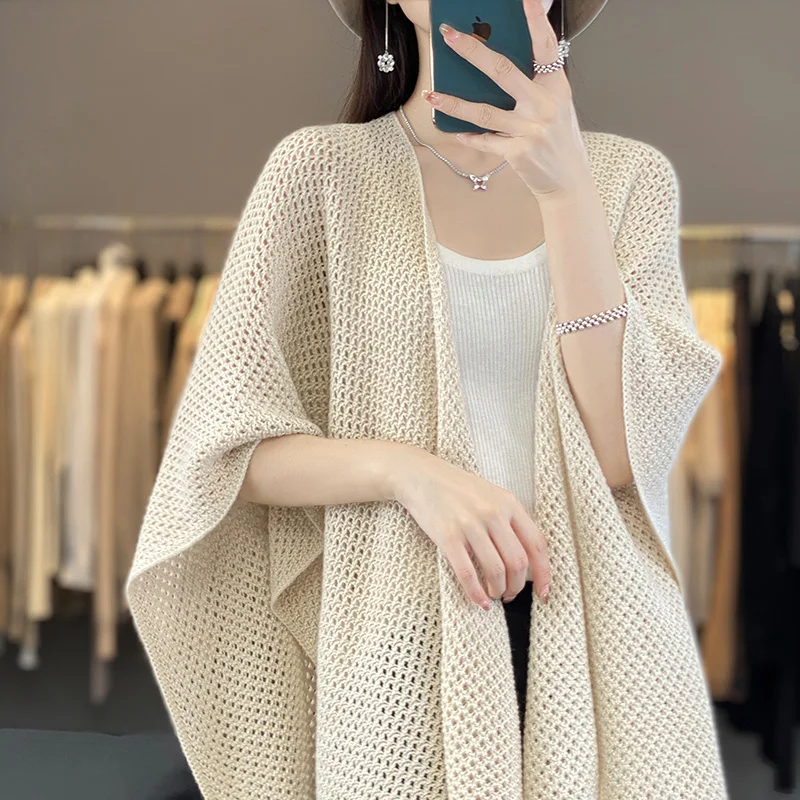 100% Wool Shawl Women\'s Knitted Lace up Cardigan Paired With a Spring Autumn Dual-use Cloak Scarf and Air Conditioning Shirt