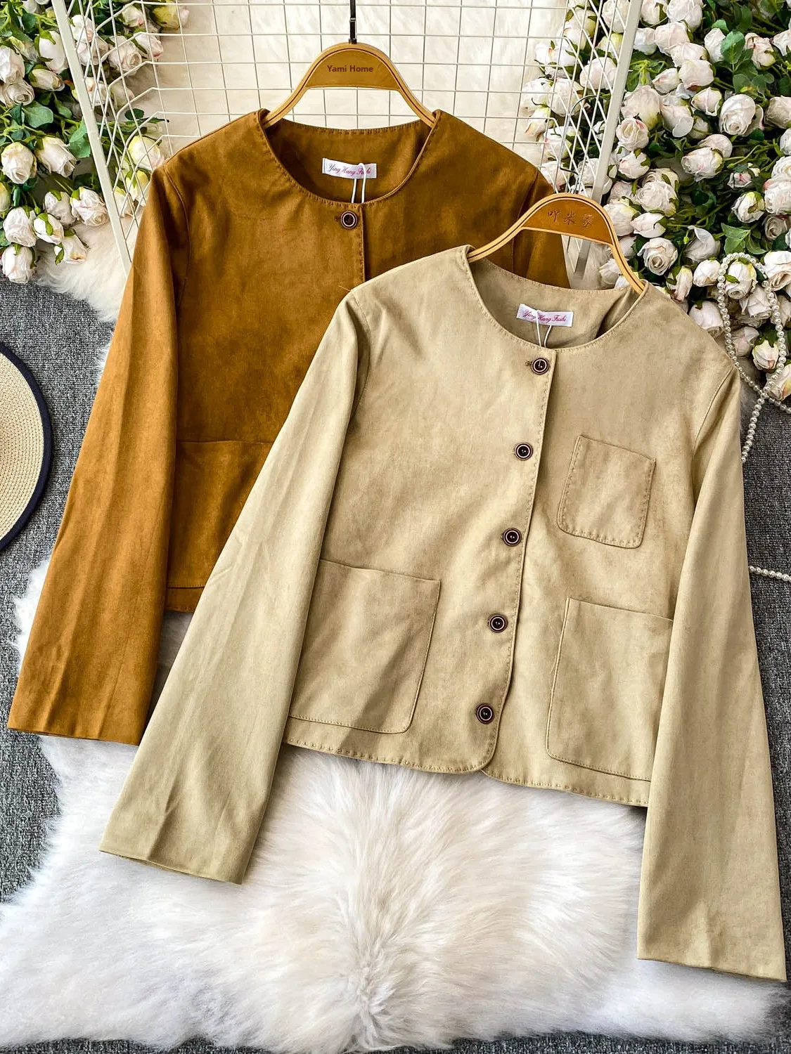 Ele Long Sve Deer Skin Velvet Coat Women's Loose Fit round Ne Button up Slimming Top Trendy Commute Sle Autumn Win...