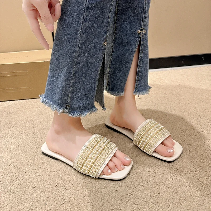 2024 Summer New Fashion Casual Pearl Women\'s Slippers Solid Flat  Open Toe Shoes Women Outdoor Beach Slippers