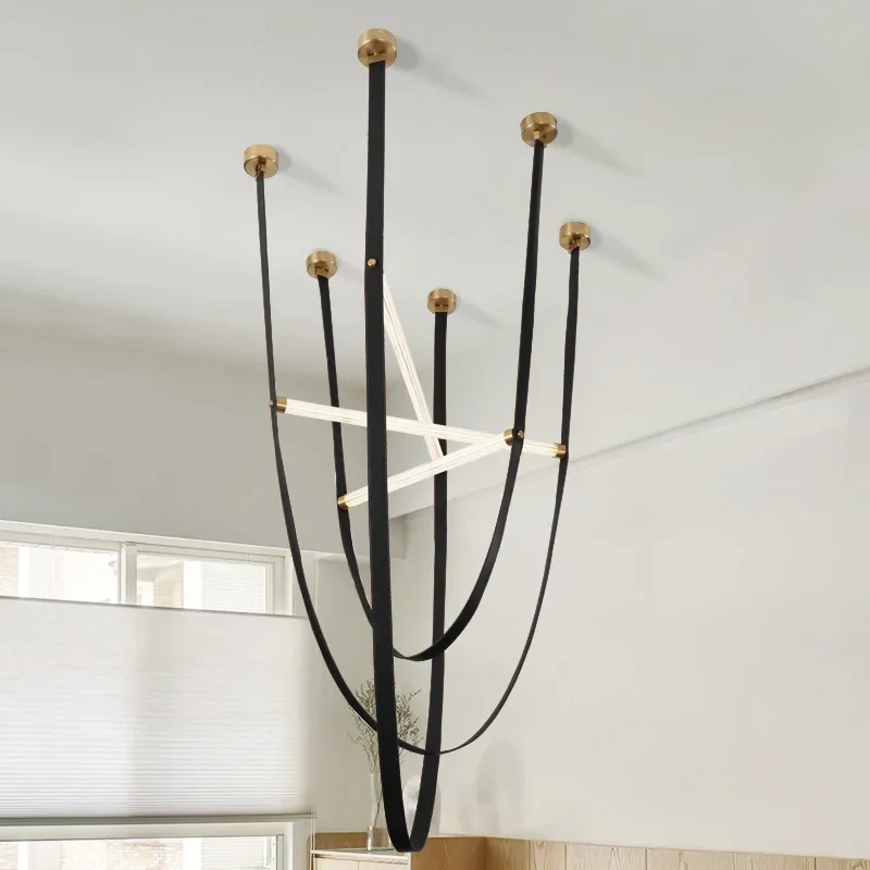 Duplex Leather Chandelier Glass Tube Light DIY Living Room Villa Suspension Luminaire Coffee Restaurant staircase chandelier