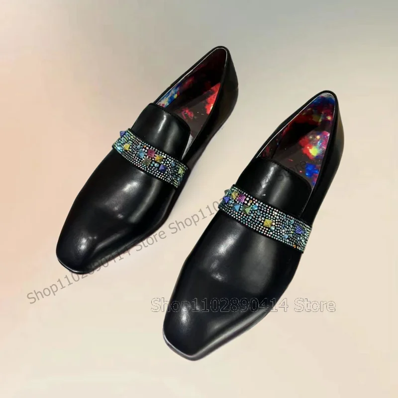 Mocasines coloridos con remaches de diamantes de imitación para hombre, zapatos de vestir con punta cuadrada negra, sin cordones, lujosos, hechos a mano, para fiesta y boda