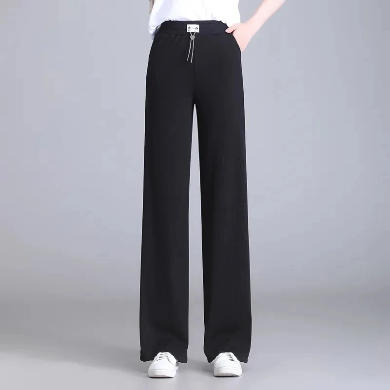 

Autumn Women High Waisted Thin Style Sagging Wide Ieg Pants 2024 Female Leisure Solid Color Dangling Lce Silk Straight Leg Pants