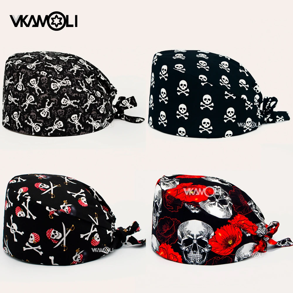 Gorro con estampado de calavera para mujer y hombre, gorro exfoliante ajustable, accesorios de enfermería