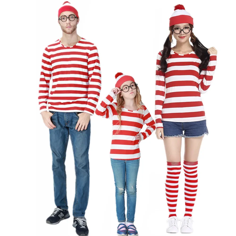 Waldo Striped Shirt Youth Kids Boys Wally Costume Shirt Glasses and Hat Socks Unisex Adults Halloween Cosplay Game Uniform