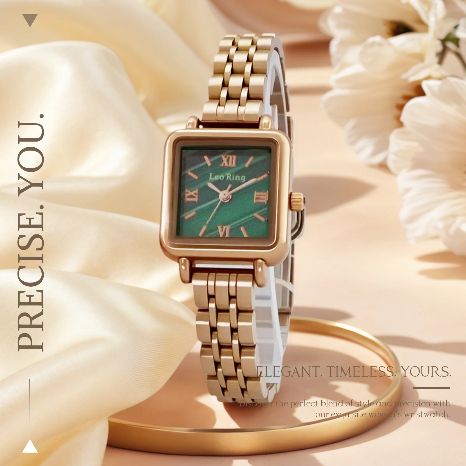 LEO RING Women's Square Watch, Elegant Business Quartz Roman Numeral Display, Rose Gold Watch/Green Face Stainless Steel Strap