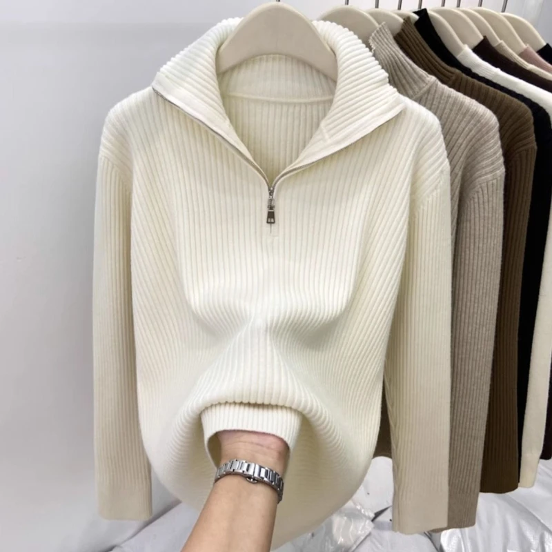 Pull à col polo zippé pour femme, haut en tricot chaud, pull décontracté, manches longues, mode automne et hiver, nouveau, 2024