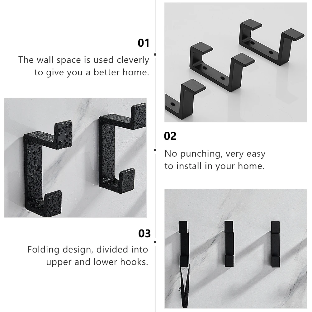 

2pcs Black Aluminum Double Hooks Wall Mount Strong Load Bearing No Punching Rust Proof Coat Hanger Towel Hook Key ganizer