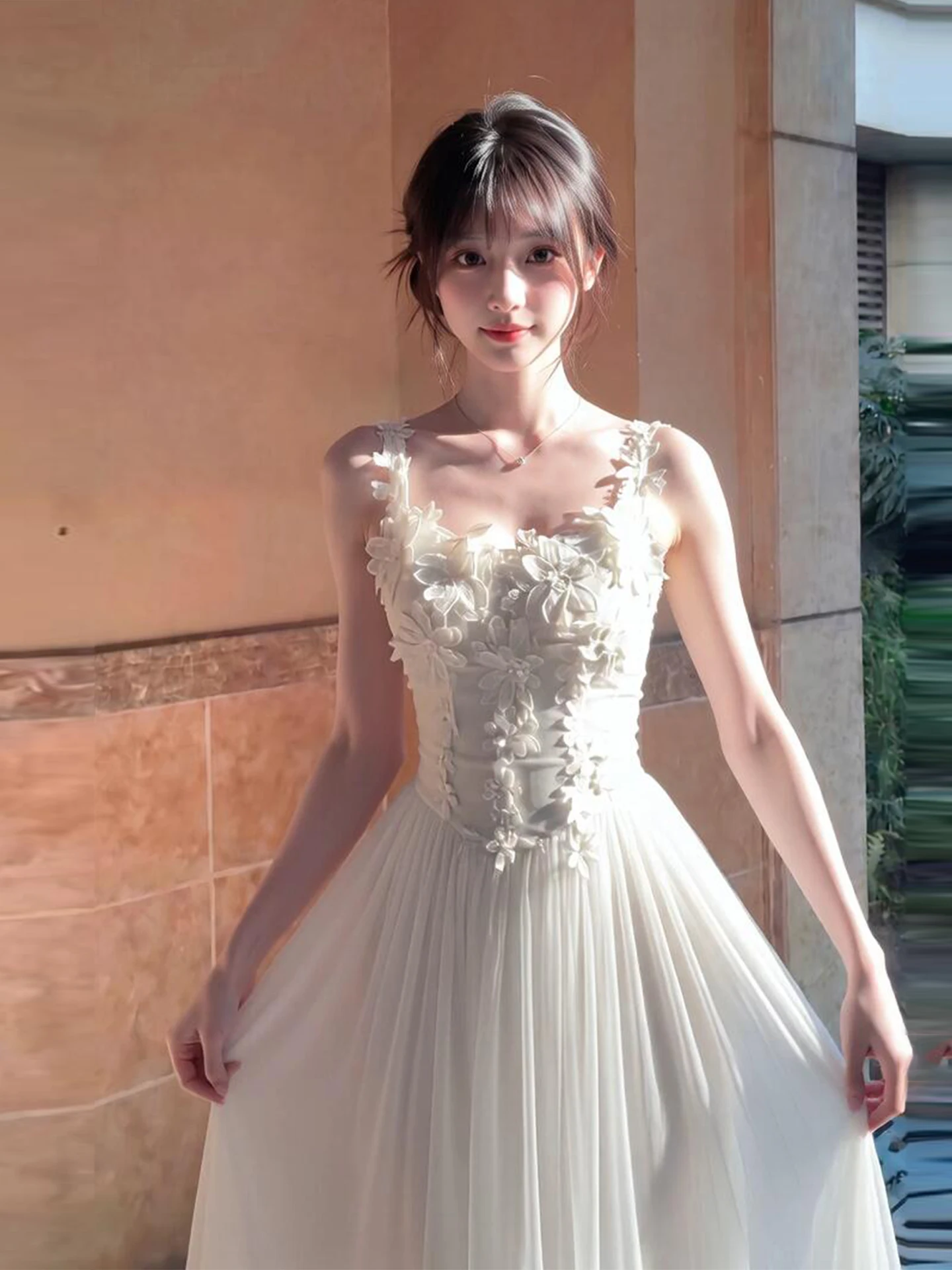 

Elegant Long Sleeveless Wedding Dress for Registration And Engagement Parties Student Graduation And Birthday Celebrations