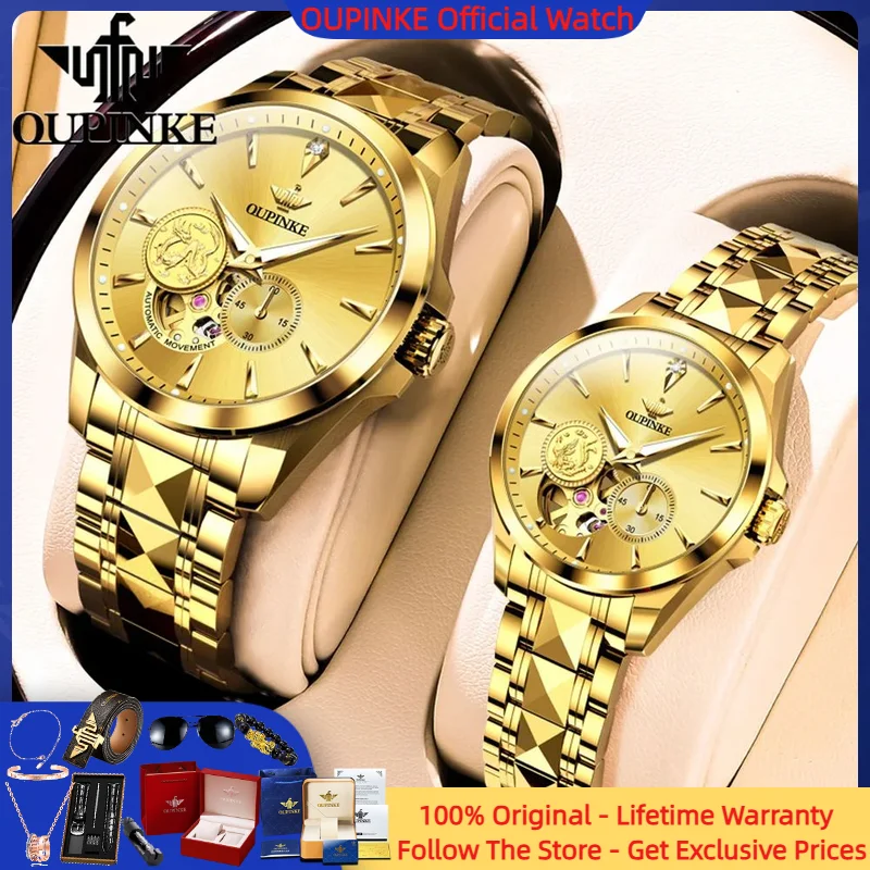 

OUPINKE 3260 Couple Watch Luxury Pure Gold Diamond Elegant Dragon Phoenix Dial Automatic Mechanical Watch Men Women Couple Watch