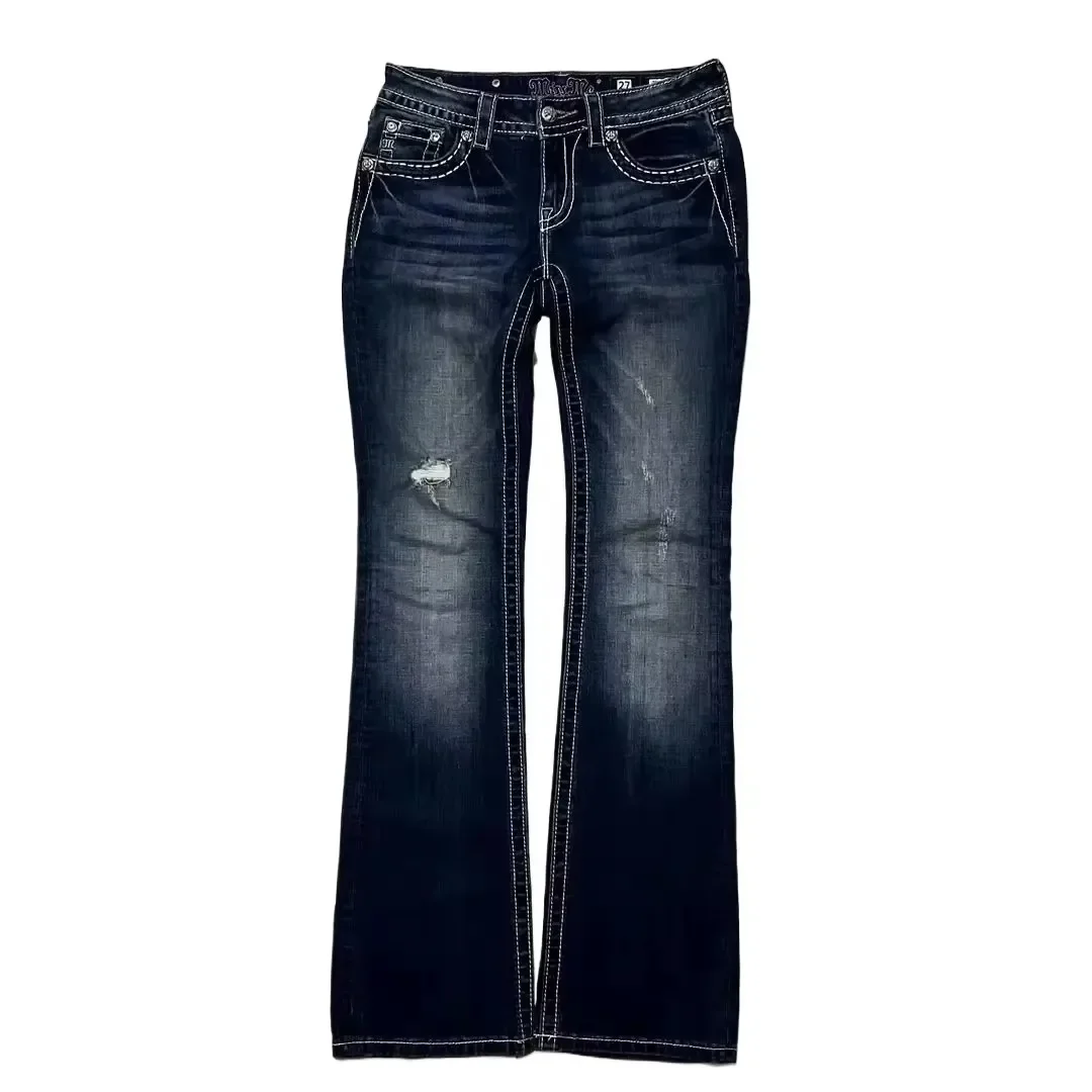 Retro Miss Me Boot Cut Jeans Women Y2K New Gothic Blue Denim Embroidery Cross Pocket Hip Hop Harajuku Wide Pants Street Wear - Image 2