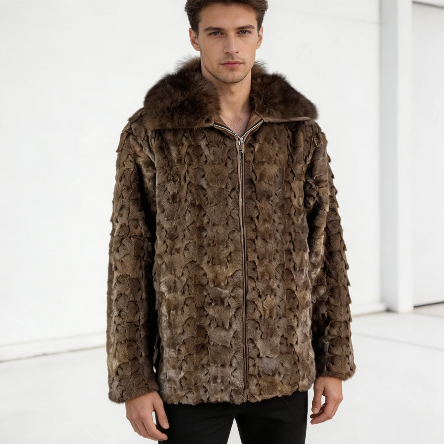 Natural Mink Fur Zippered Jacket Real Fox Fur Coat With Turndown Collar Furry Jacket  Luxury Winter Jackets For Men