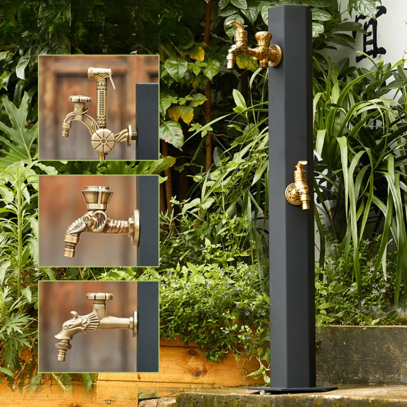 Black retro outdoor faucet column antifreeze garden courtyard vertical villa yard multifunctional all-copper faucet