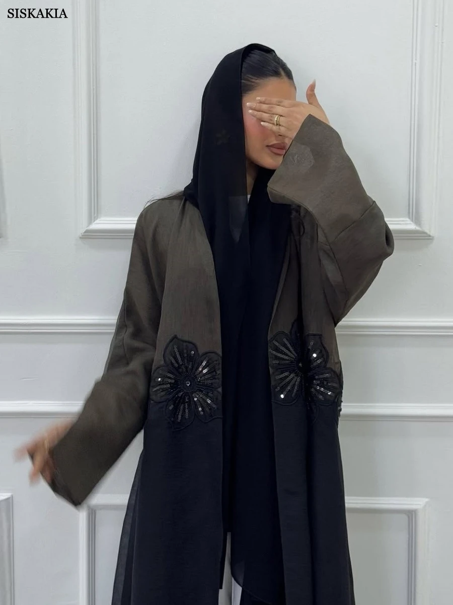Siskakia Mode Dubai Applikationen Strickjacke Muslimische Frau Pailletten Patchwork Offene Abaya