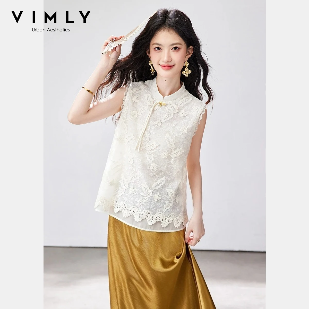 

VIMLY Women's Casual Lace Blouse 2026 Summer New Apricot Mandarin Collar Tassel Frog Button Lace Trim Sleeveless Shirt A6081