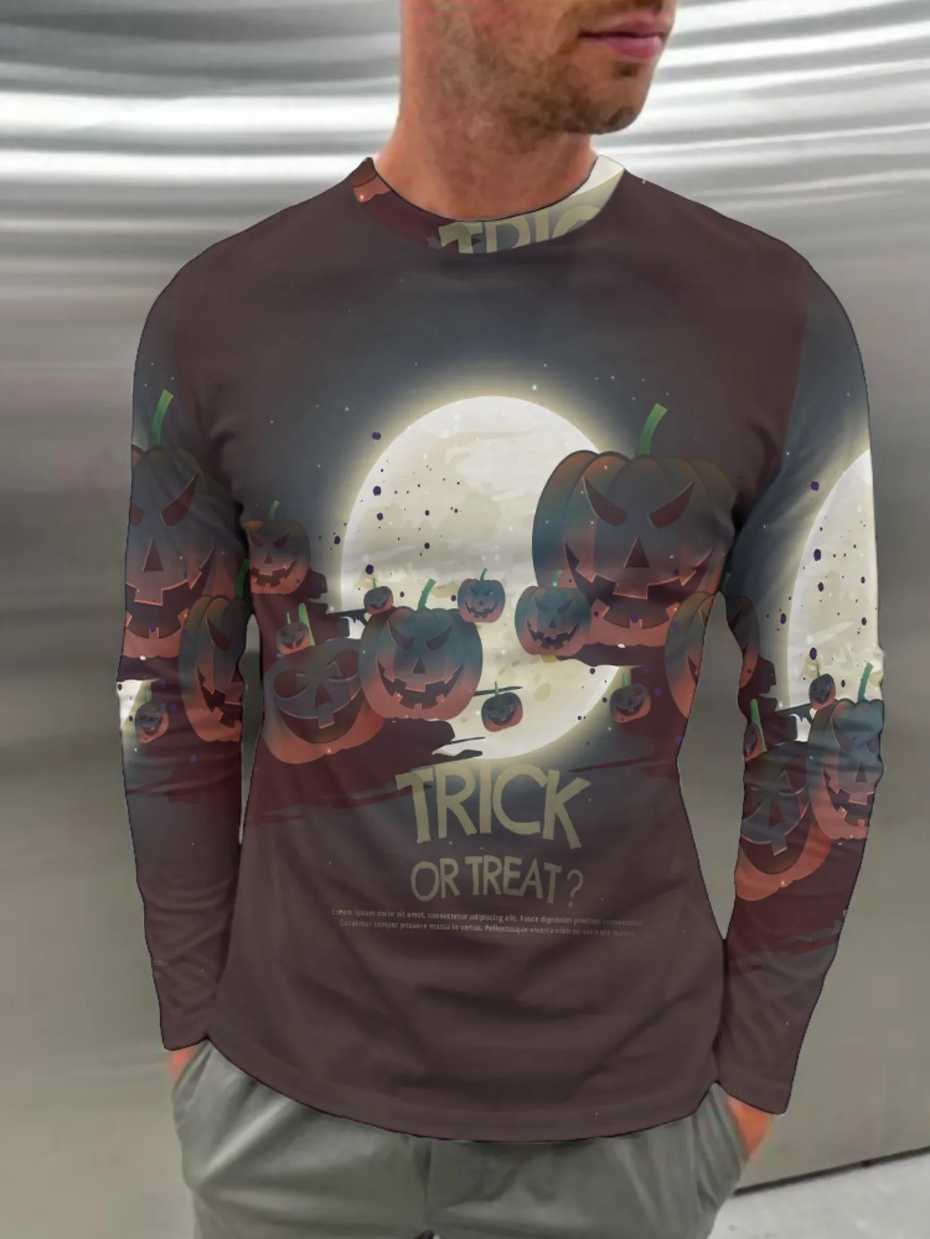 Men Halloween Trick Or Treat Print Long Sleeve Shirt Pumpkin Full Moon Retro Horror Graphic Crew Neck Top Casual Pullover Tees