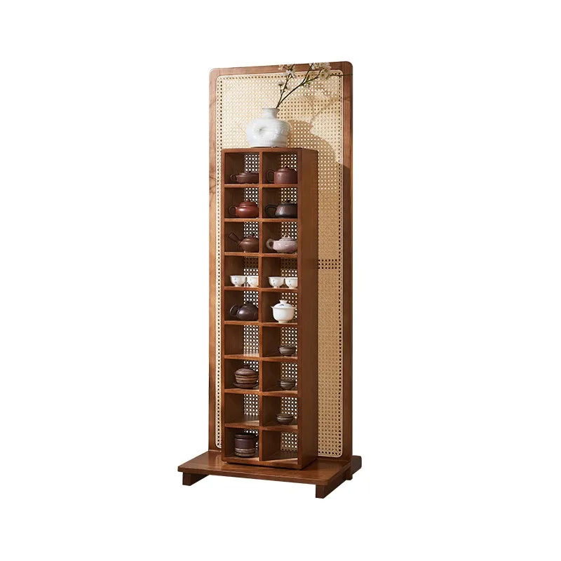 Wabi-sabi tea room rattan furniture, rattan-woven new Chinese-style solid wood Duobao pavilion screen, partition display rack,
