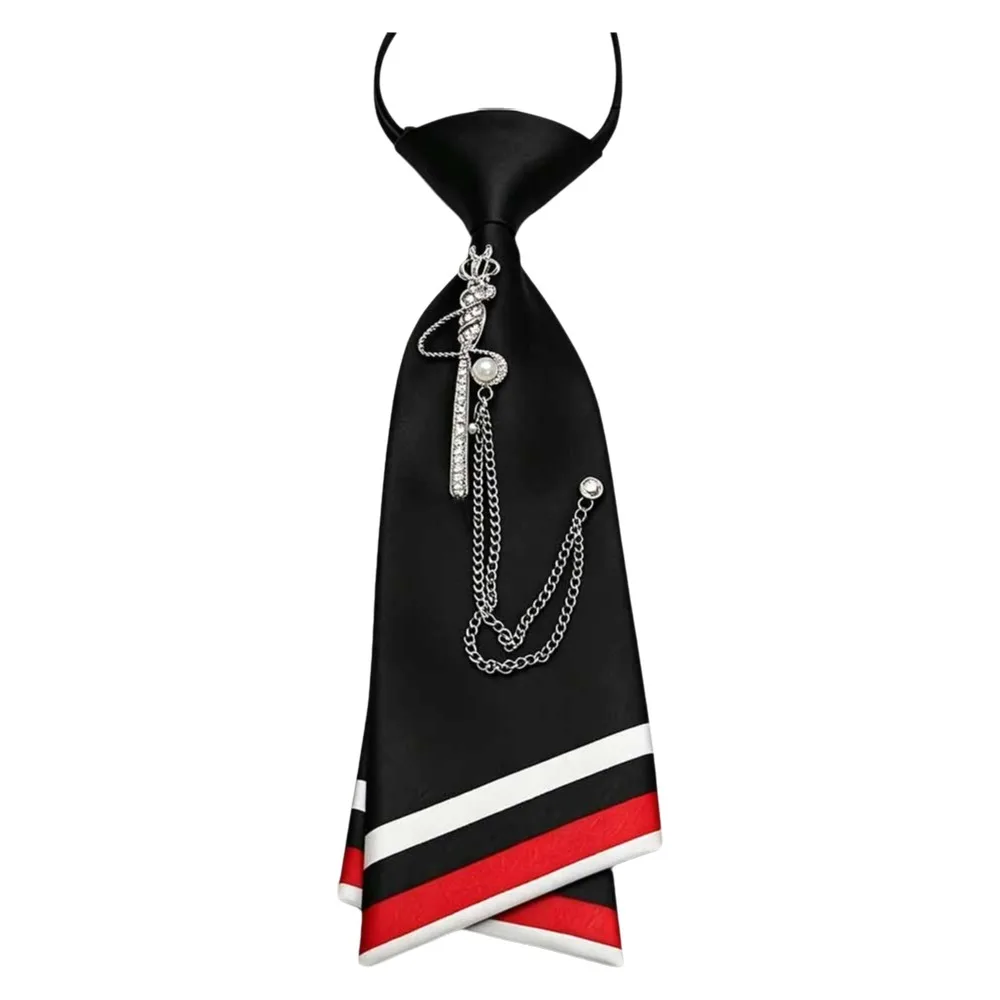 Smooth Satin Material Beaded Floral Tie Pearl Chain Decoration Striped Decorative Double-Layer Necktie No-Sew Design Elastic